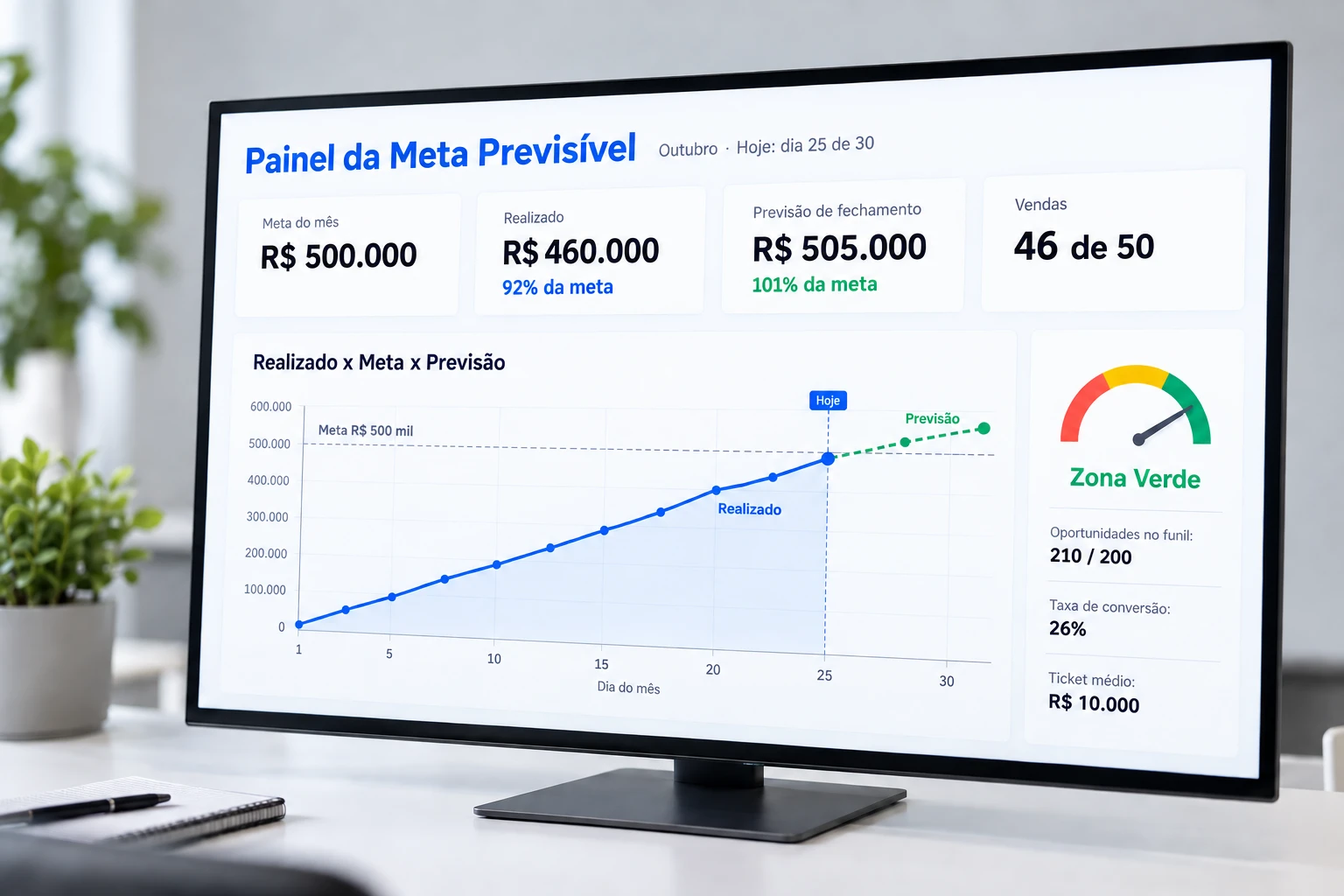 Monitor exibindo o Painel da Meta Previsível: meta de R$ 500.000, realizado de R$ 460.000 (92%), previsão de fechamento de R$ 505.000 e medidor na Zona Verde