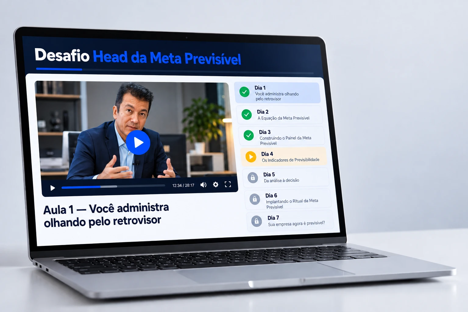 Notebook exibindo a área de membros do Desafio Head da Meta Previsível, com a aula 1 e a lista das 7 aulas