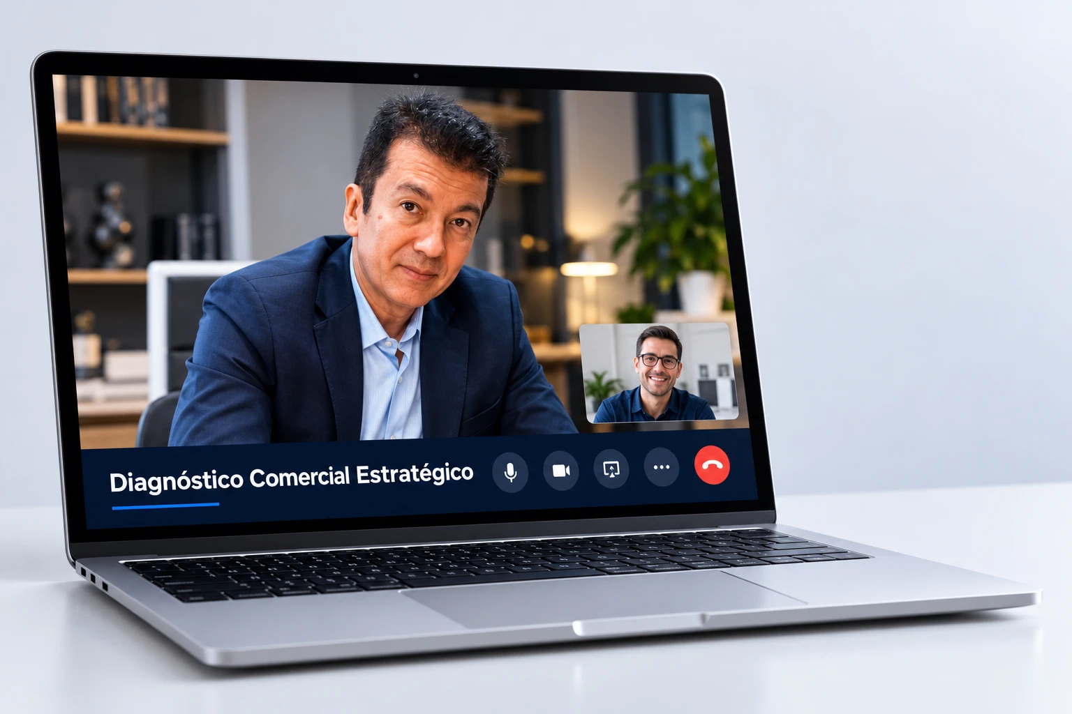 Notebook exibindo uma videochamada de Diagnóstico Comercial Estratégico com Ernesto Morechita