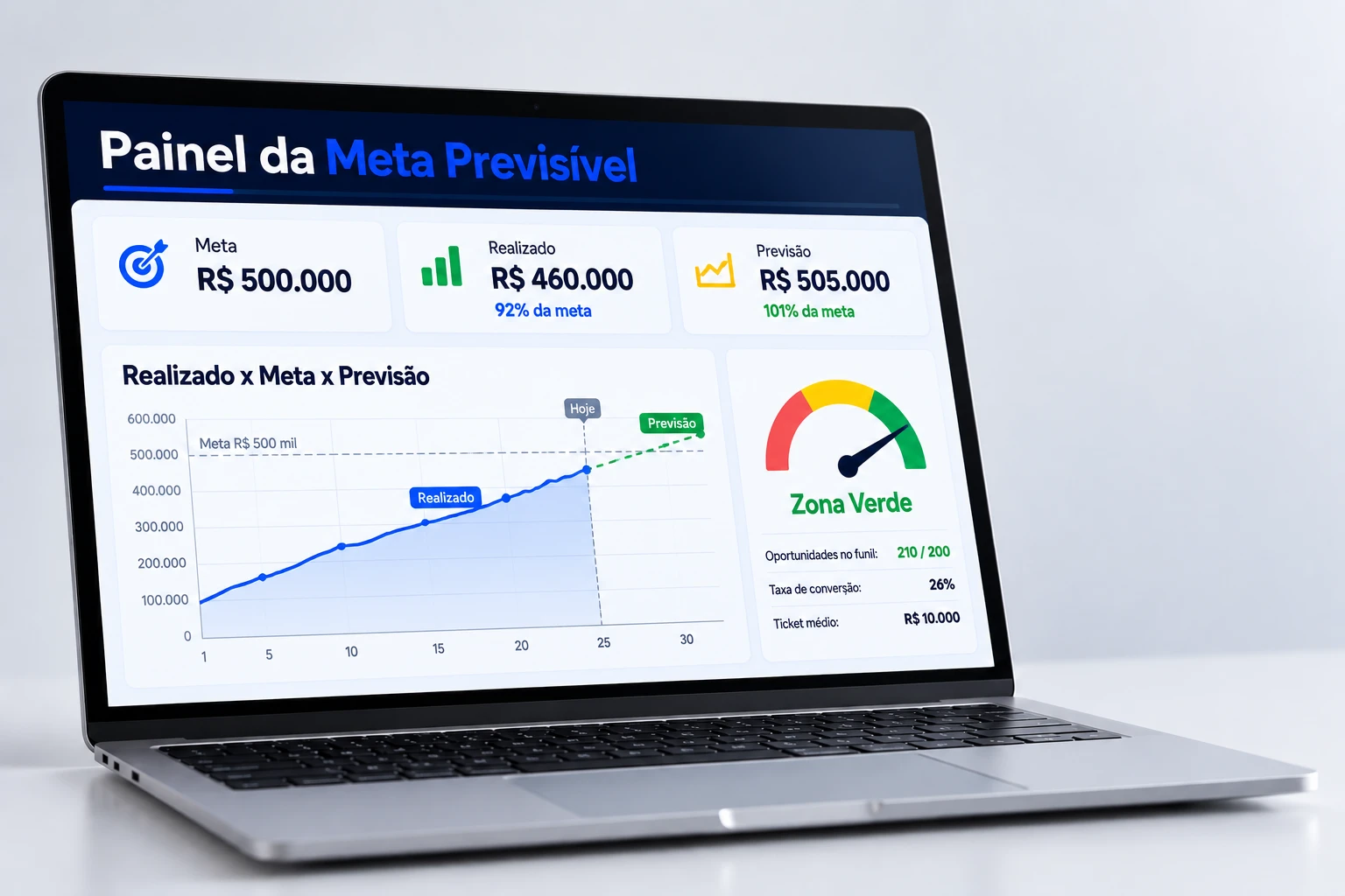 Notebook exibindo o Painel da Meta Previsível com meta, realizado, previsão de fechamento, gráfico e medidor na Zona Verde