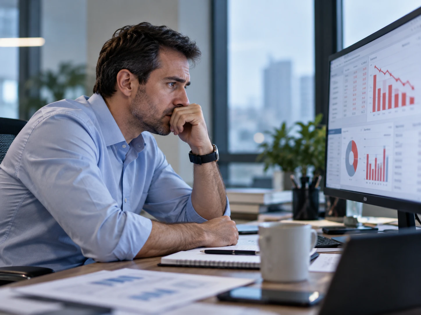 Gestor comercial pensativo diante do monitor com gráficos de vendas em queda