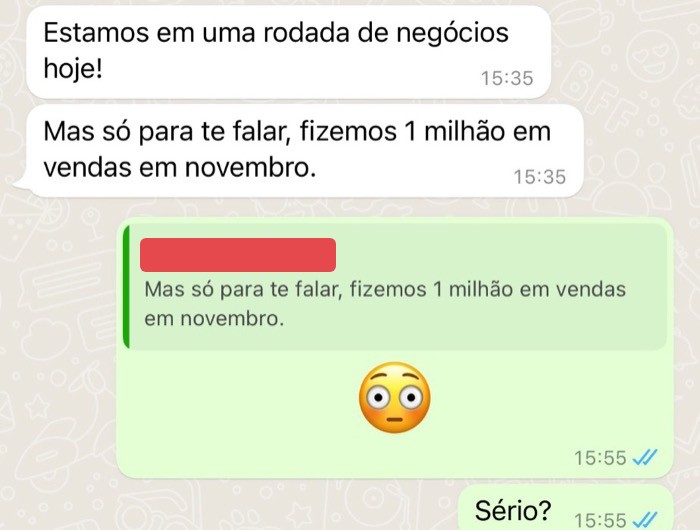Conversa de WhatsApp em que um cliente relata 1 milhão em vendas em novembro