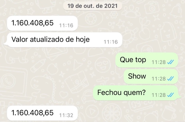 Conversa de WhatsApp com o valor de R$ 1.160.408,65